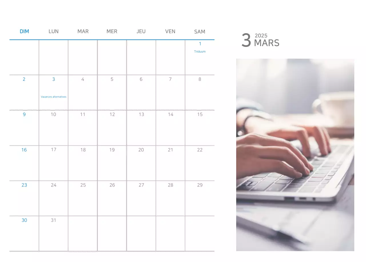 Calendrier minimaliste bleu Promotions d'entreprise