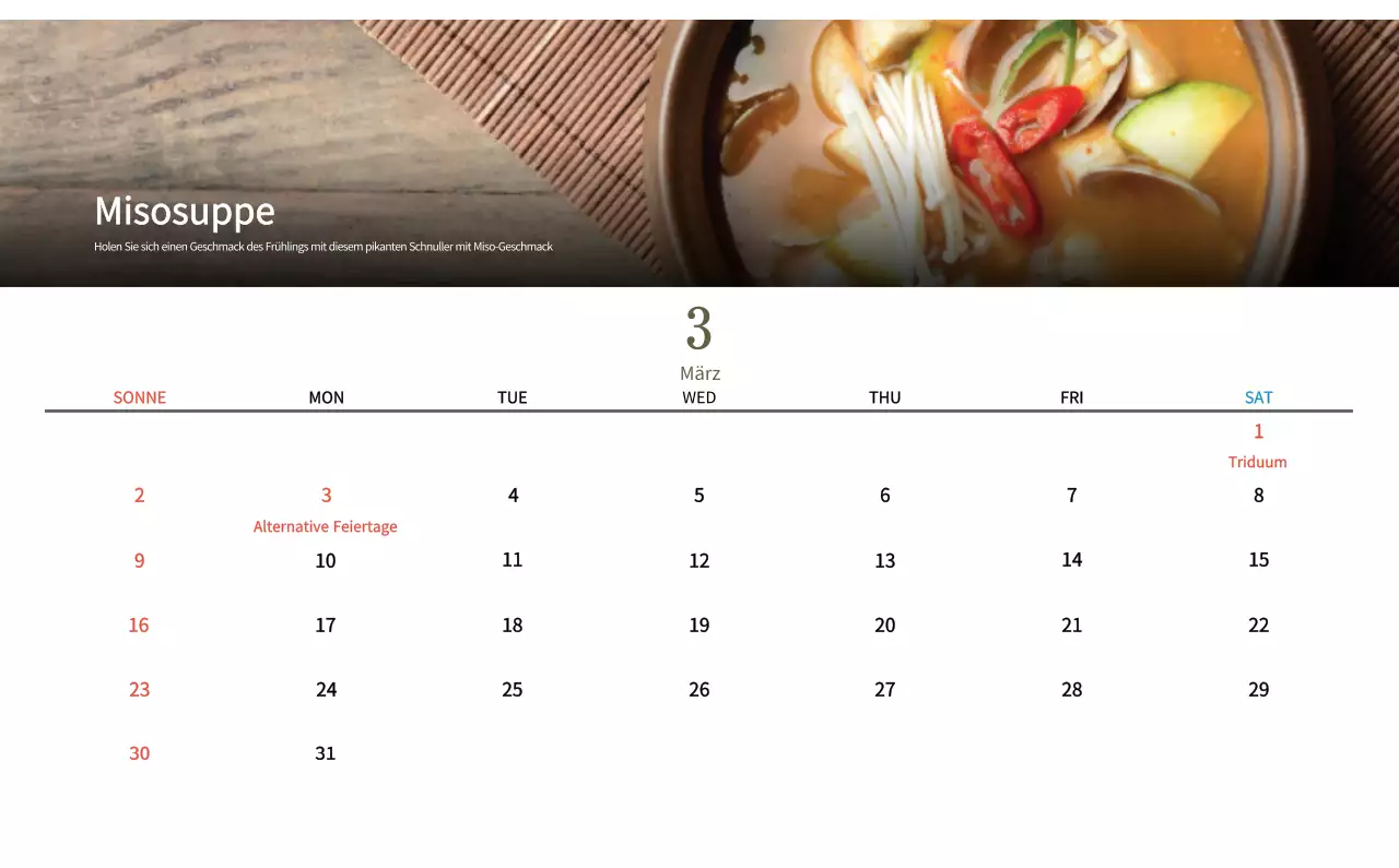 Beige Traditioneller Speisekalender