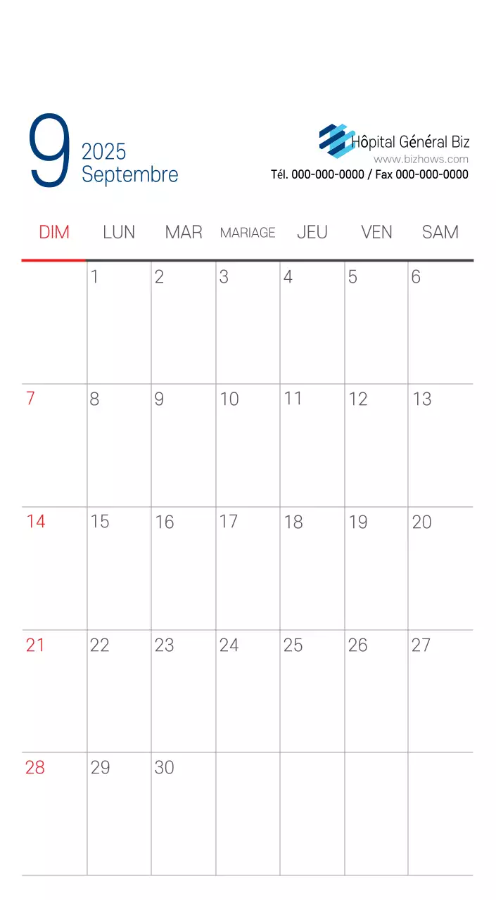 Calendrier promotionnel d'hôpital simple blanc marine