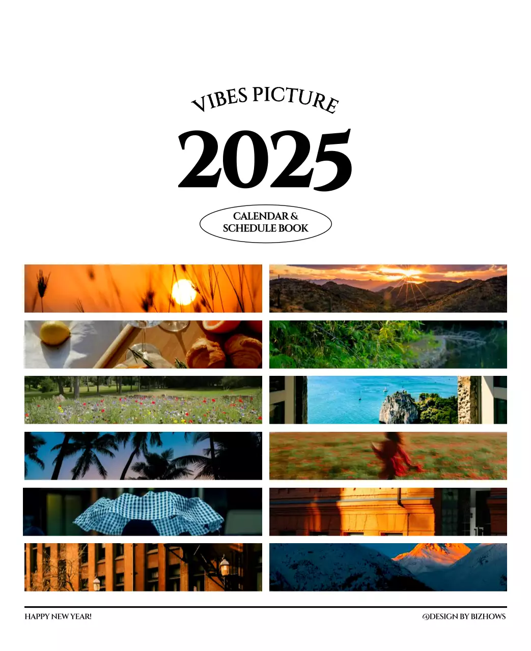 Calendário simples com conceito de fotografia de viagem emocional a preto e branco