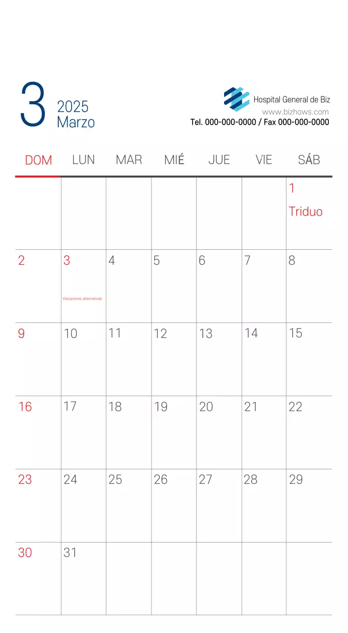 Calendario promocional Hospital Navy White Simple