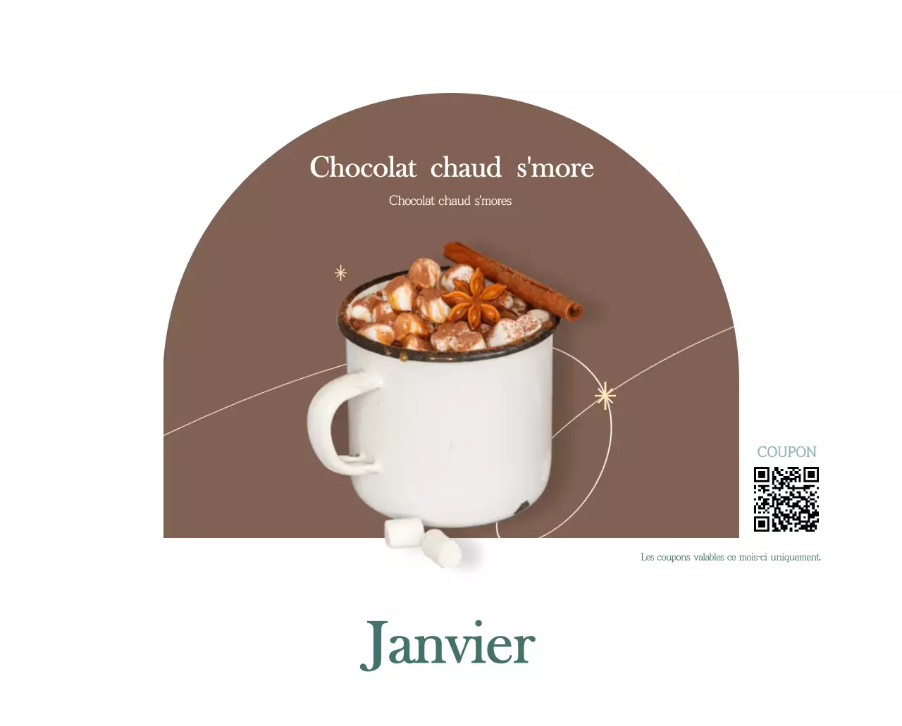 Un calendrier moderne pour les cafés avec des recommandations sur la boisson du mois.