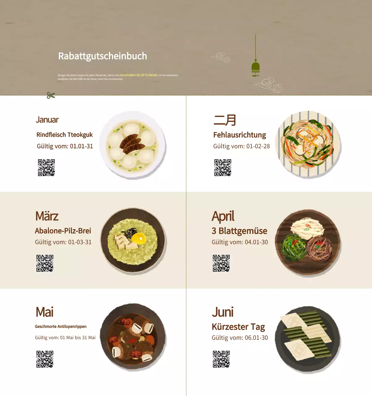 Beige Traditioneller Speisekalender