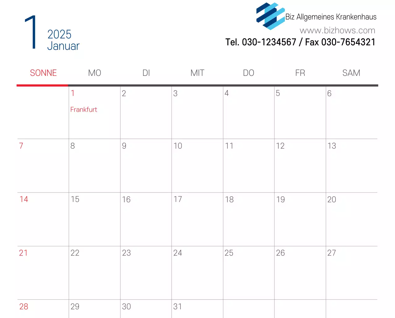 Marineblauer einfacher Krankenhaus-Werbekalender