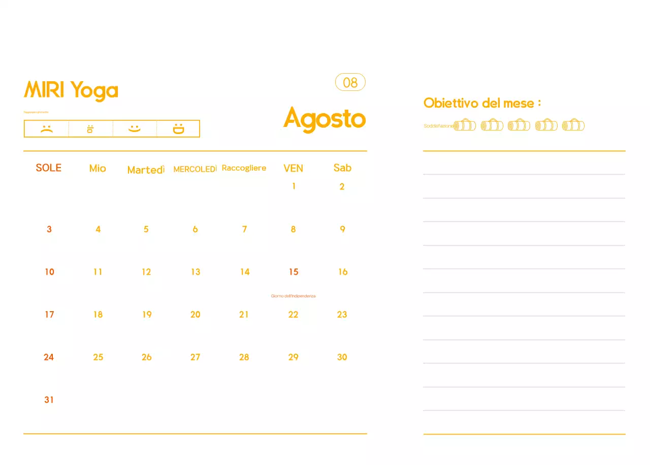 Calendario promozionale arancione dello yoga minimalista
