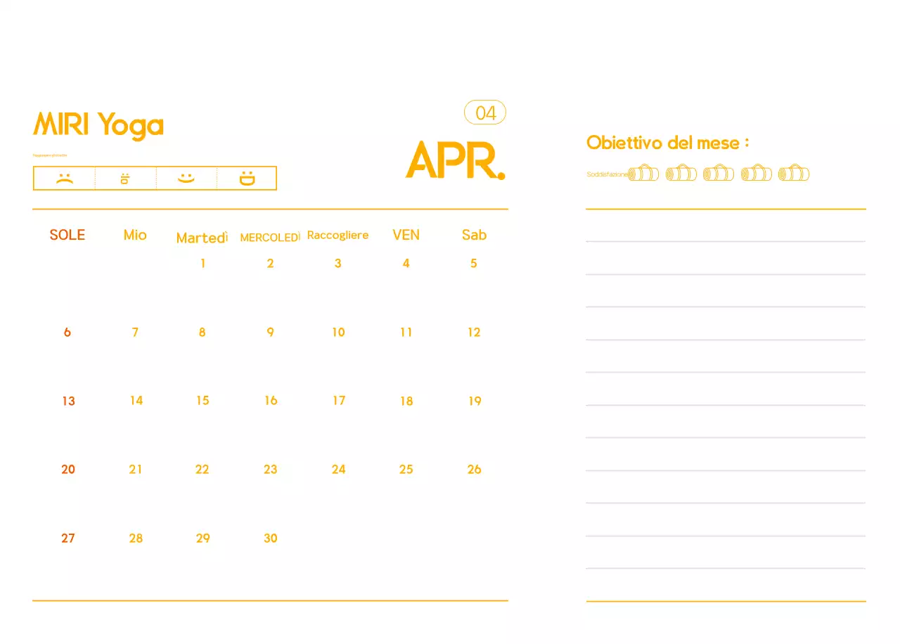 Calendario promozionale arancione dello yoga minimalista