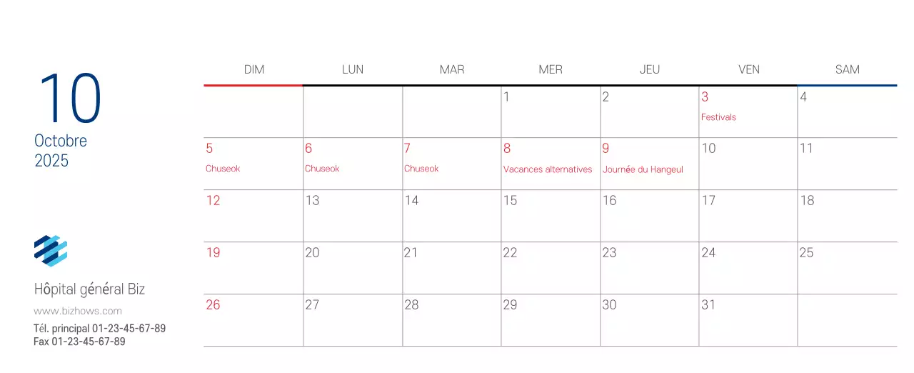 Calendrier promotionnel d'hôpital simple blanc marine