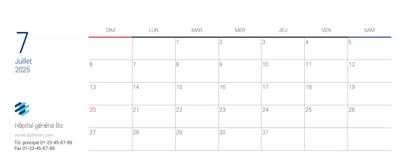 Calendrier promotionnel d'hôpital simple blanc marine