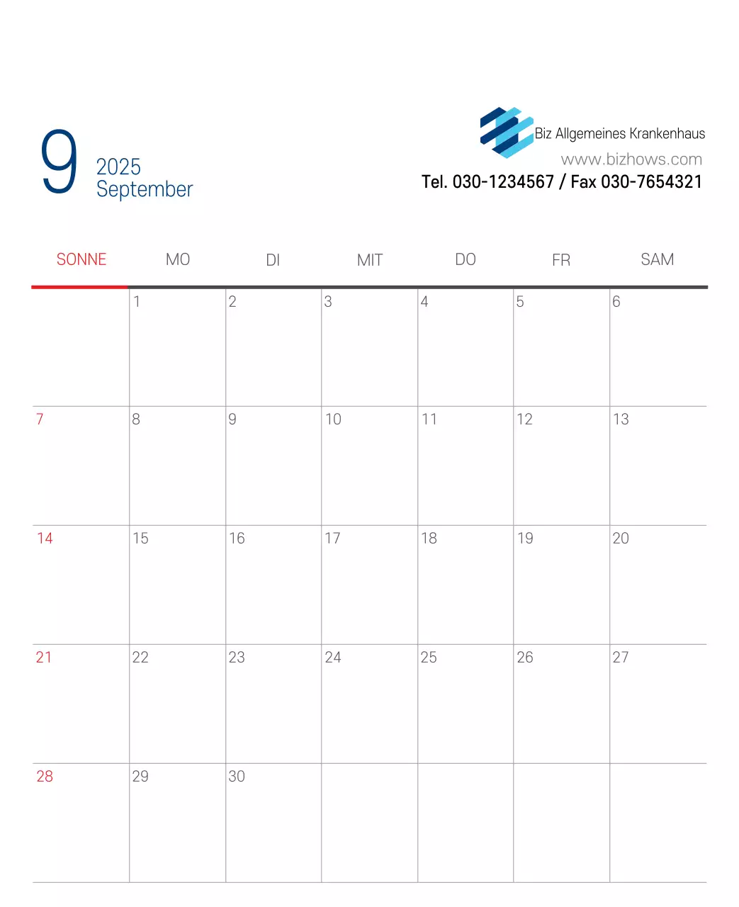 Marineblauer einfacher Krankenhaus-Werbekalender