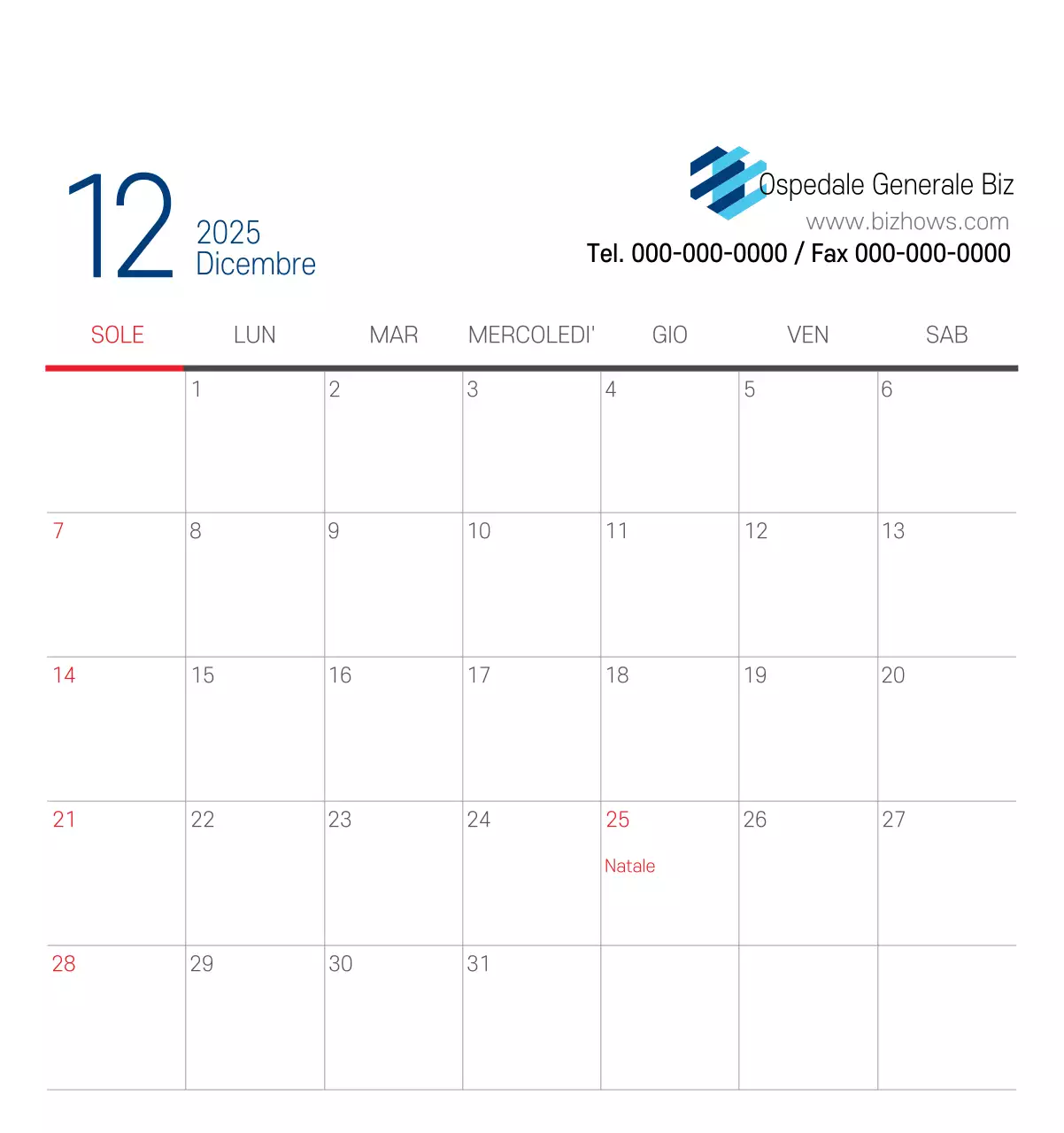 Calendario promozionale dell'ospedale semplice, bianco e blu