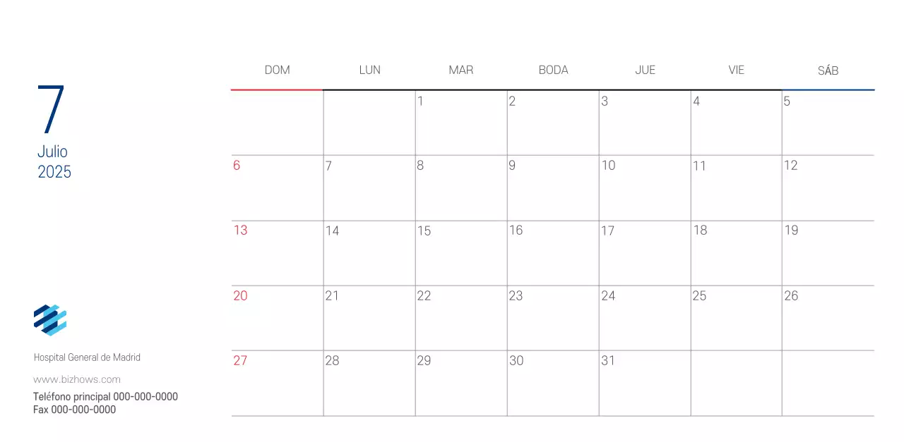 Calendario promocional Hospital Navy White Simple