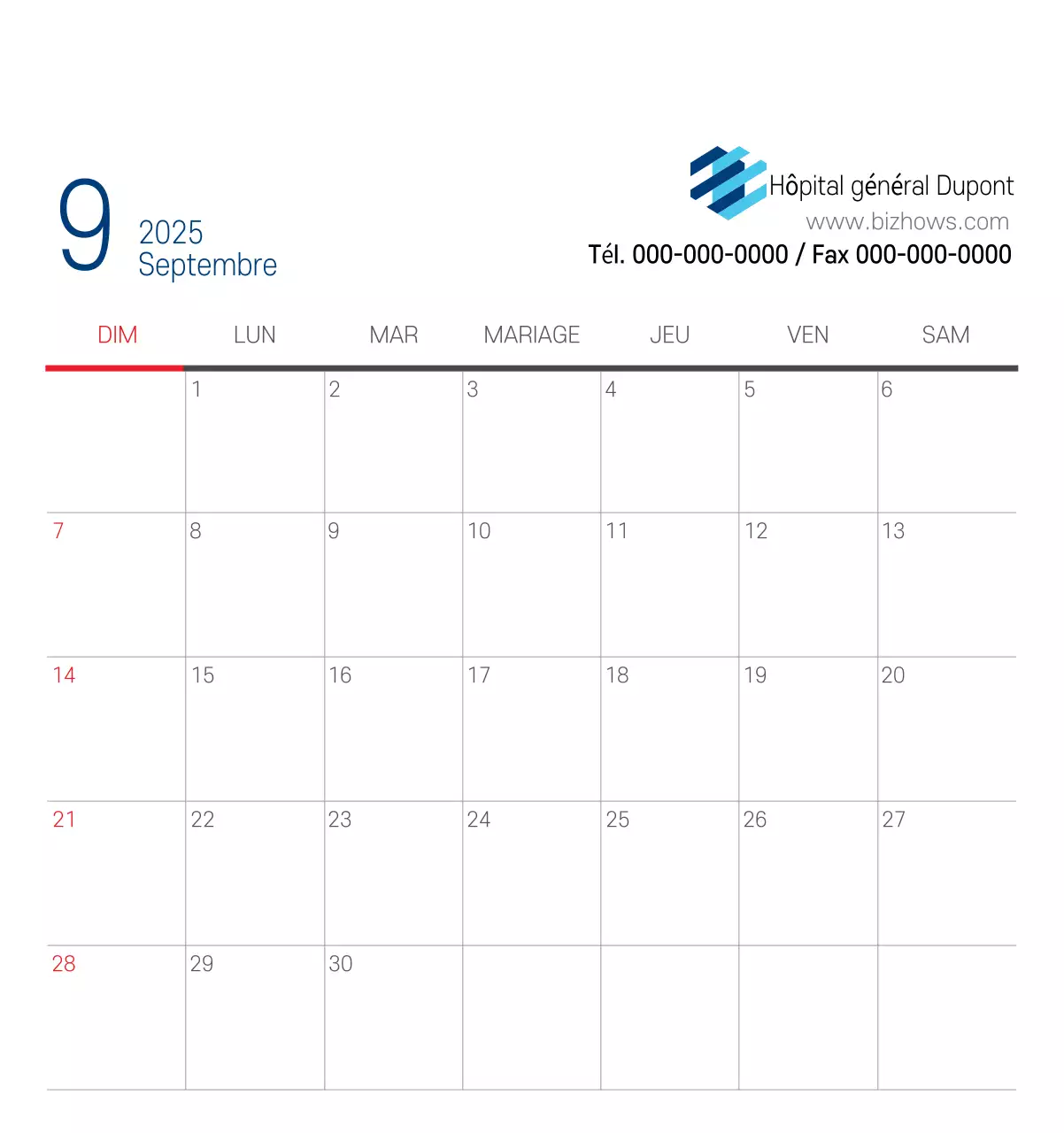 Calendrier promotionnel d'hôpital simple blanc marine