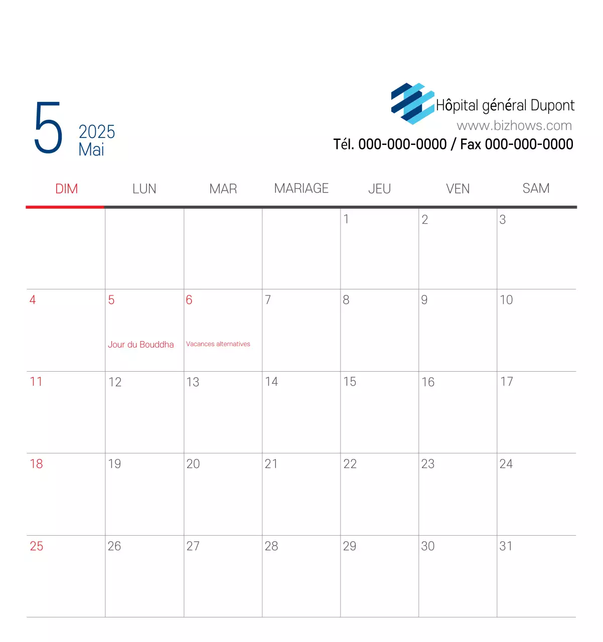 Calendrier promotionnel d'hôpital simple blanc marine