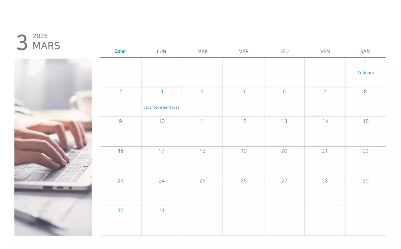 Calendrier minimaliste bleu