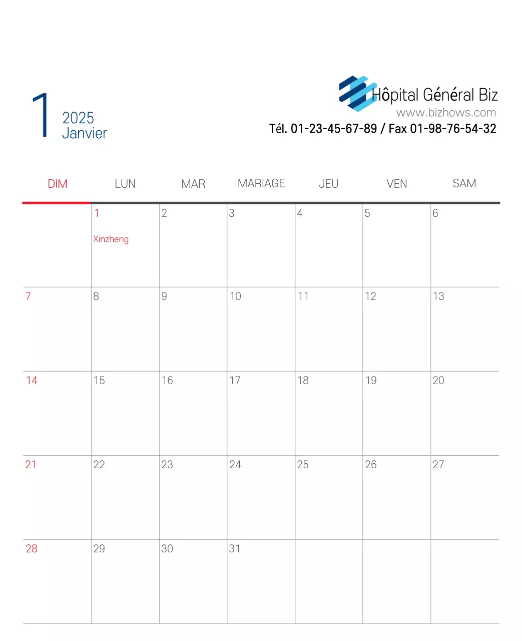 Calendrier promotionnel d'hôpital simple blanc marine