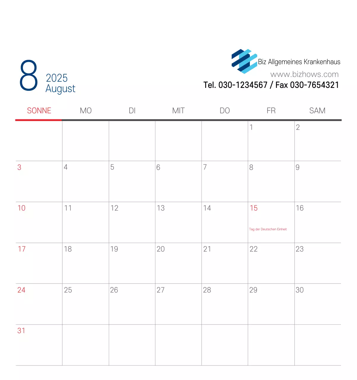 Marineblauer einfacher Krankenhaus-Werbekalender