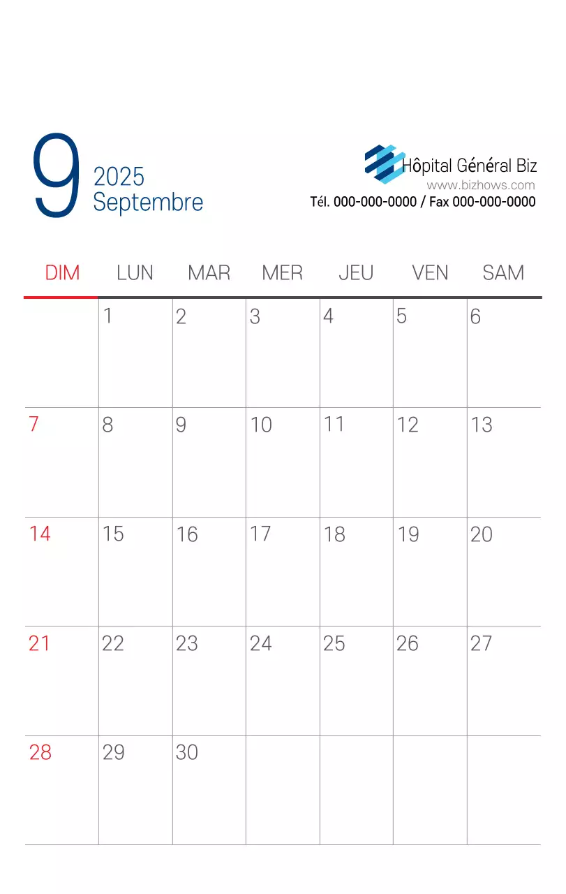 Calendrier promotionnel d'hôpital simple blanc marine