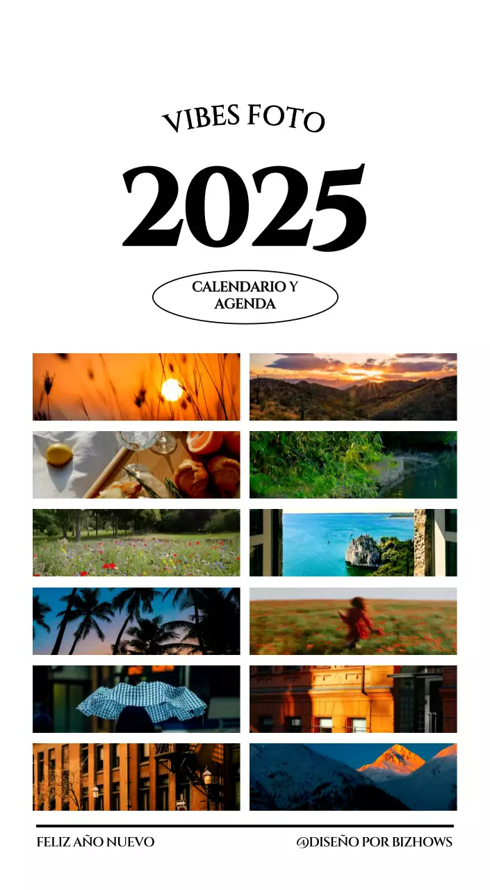 Calendario sencillo con concepto de fotografía de viaje emocional en blanco y negro