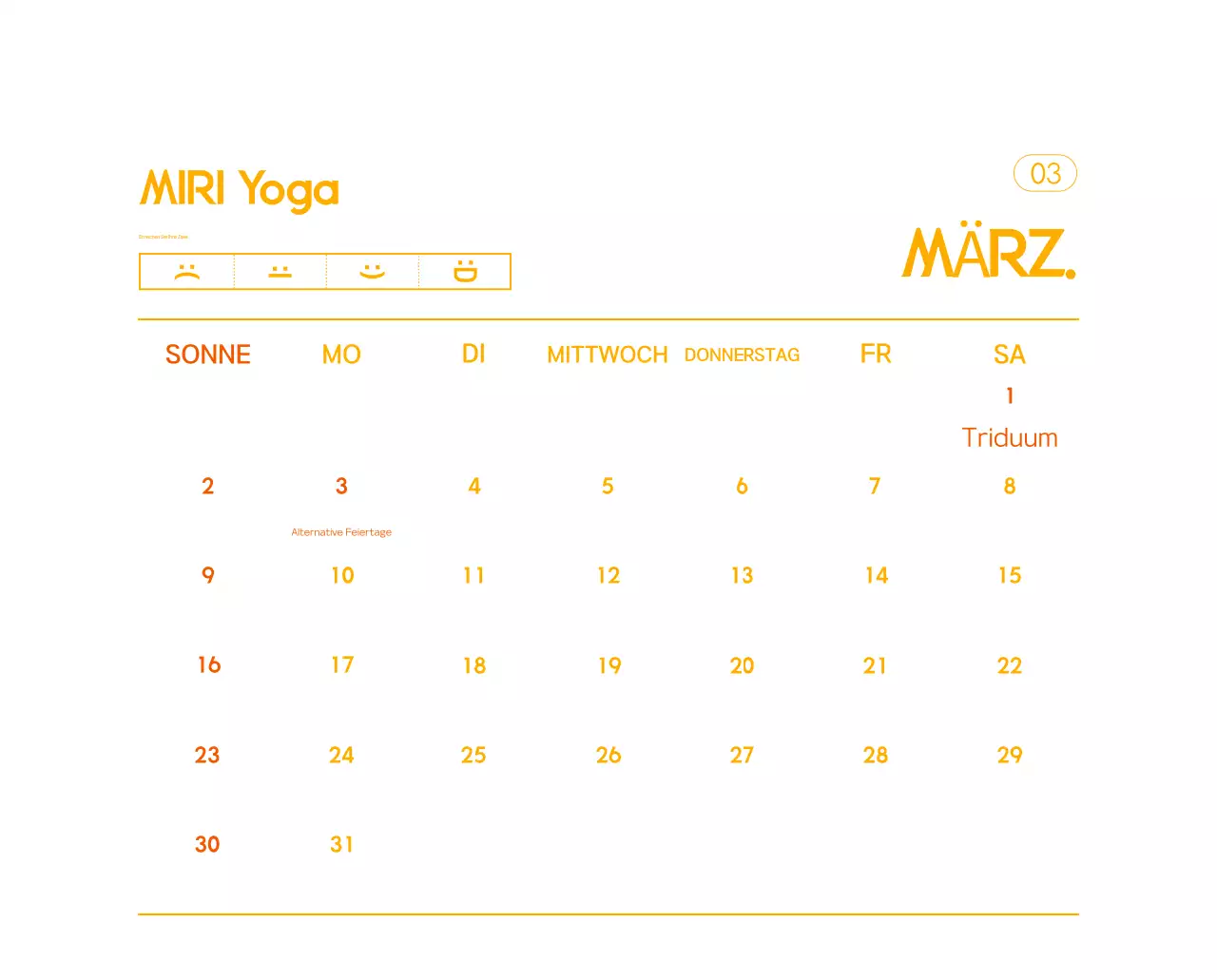 Orange Minimalistischer Yoga-Aktionskalender