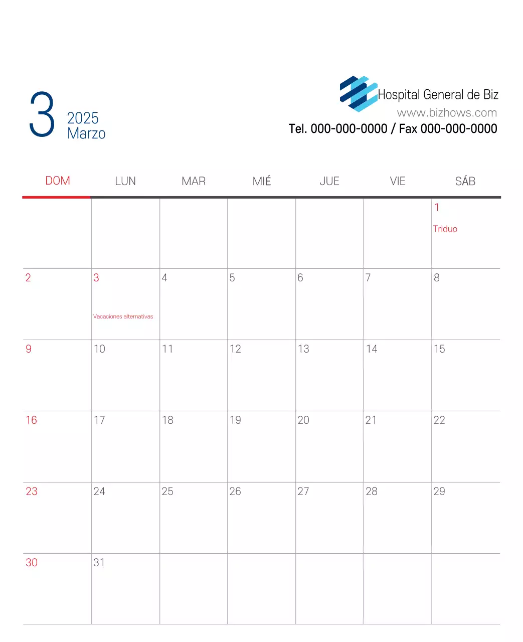 Calendario promocional Hospital Navy White Simple