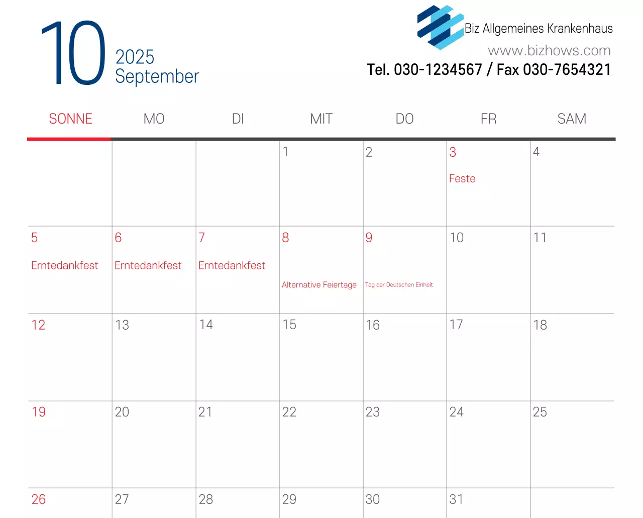 Marineblauer einfacher Krankenhaus-Werbekalender