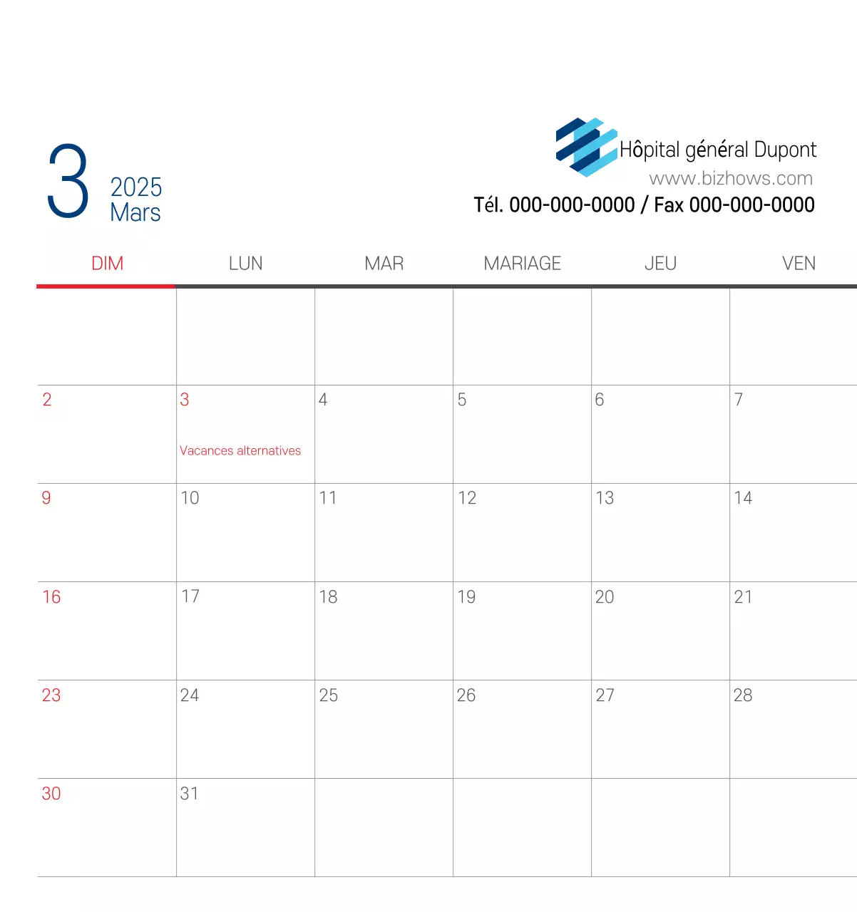 Calendrier promotionnel d'hôpital simple blanc marine