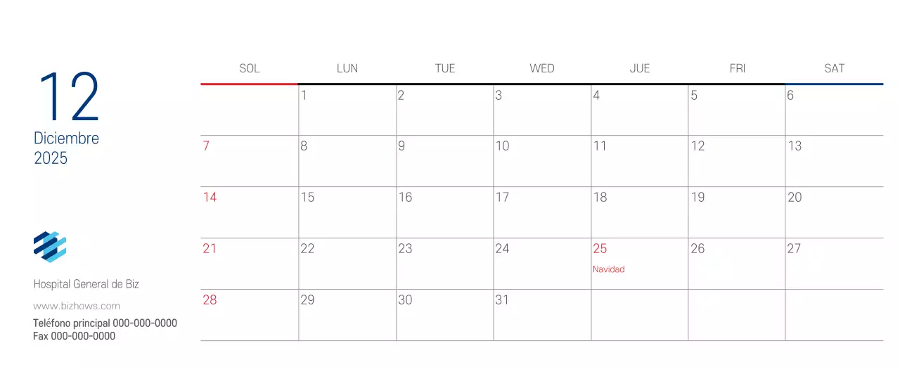 Calendario promocional Hospital Navy White Simple