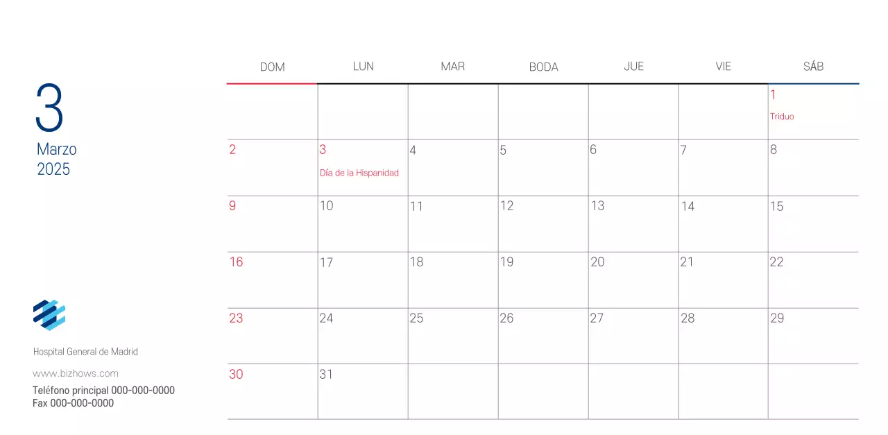 Calendario promocional Hospital Navy White Simple