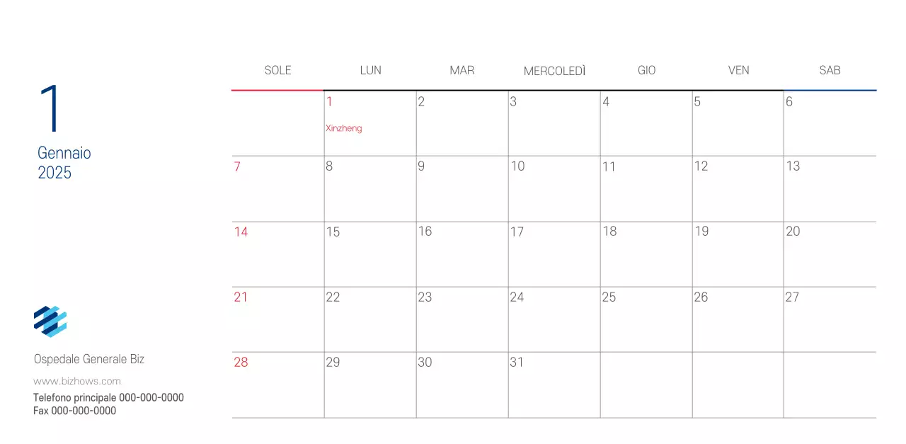 Calendario promozionale dell'ospedale semplice, bianco e blu