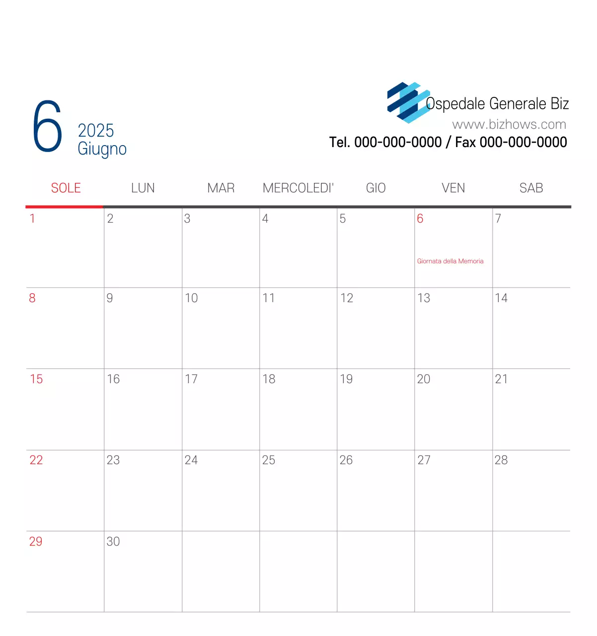 Calendario promozionale dell'ospedale semplice, bianco e blu