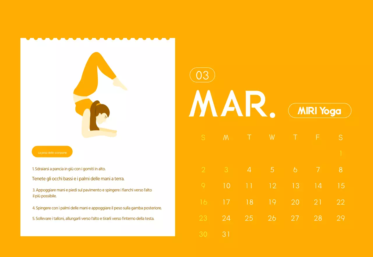 Calendario promozionale arancione dello yoga minimalista