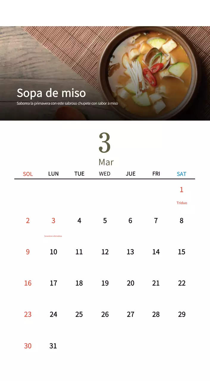 Calendario de comidas tradicionales en beige