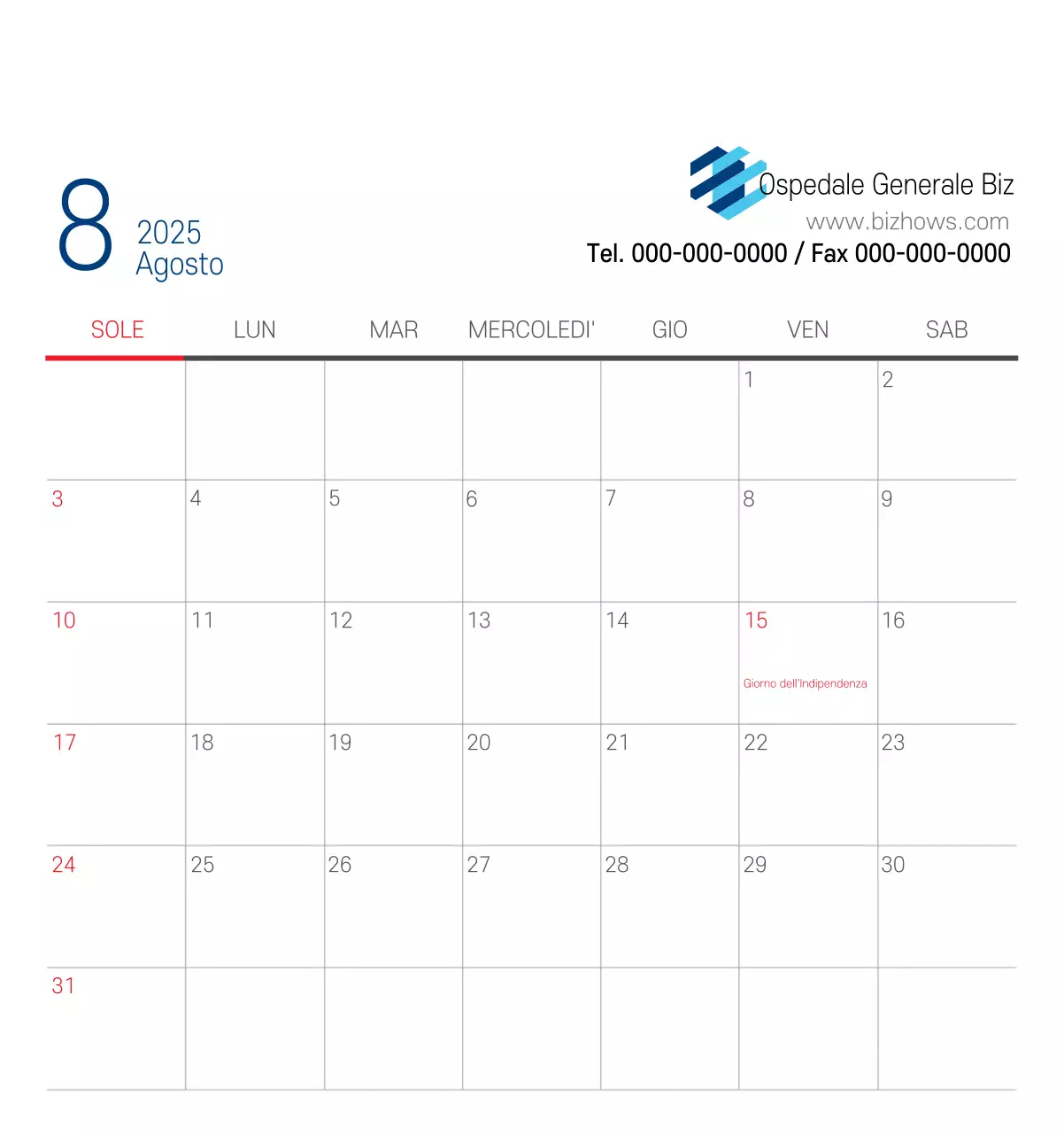 Calendario promozionale dell'ospedale semplice, bianco e blu