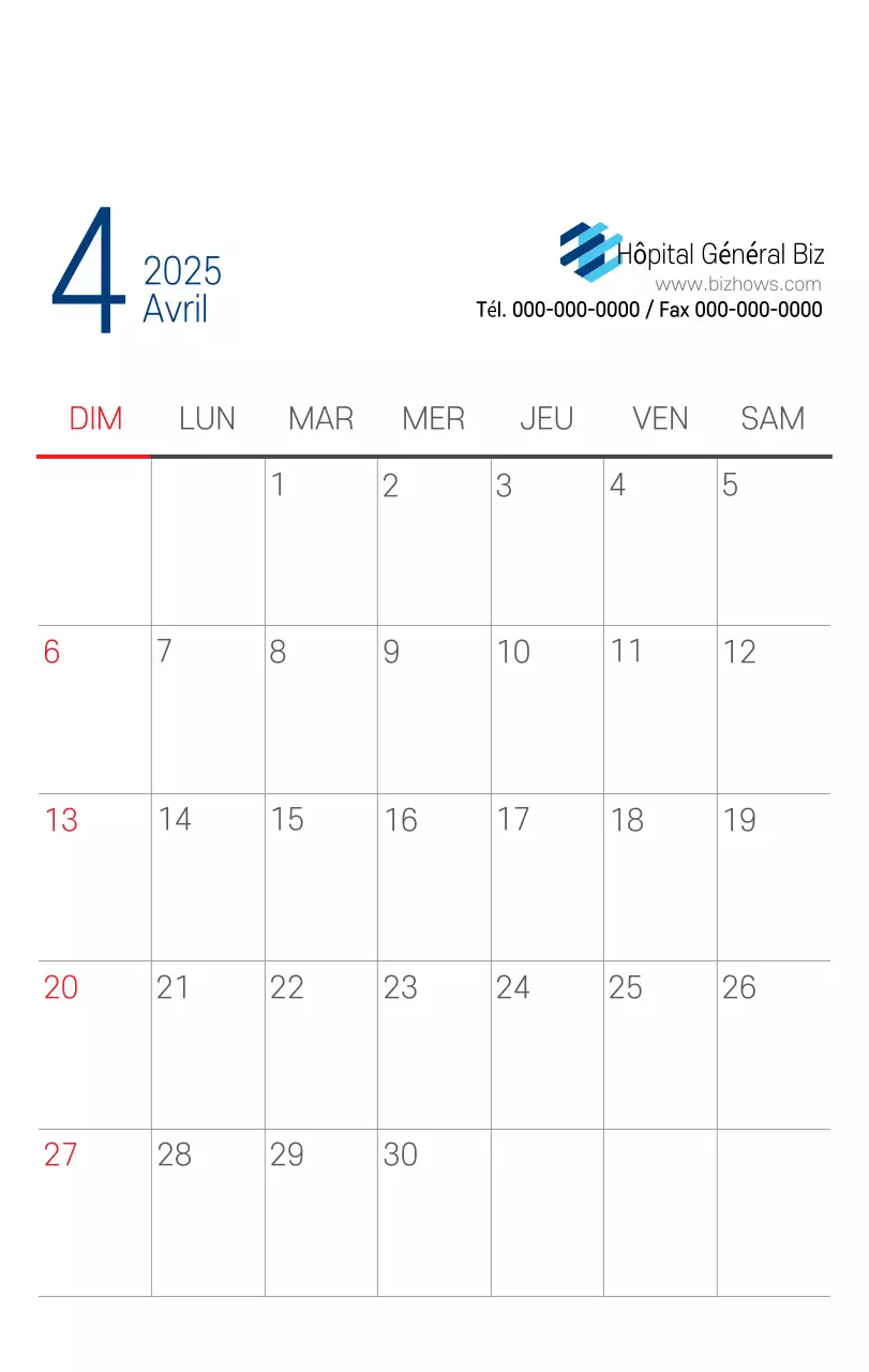 Calendrier promotionnel d'hôpital simple blanc marine