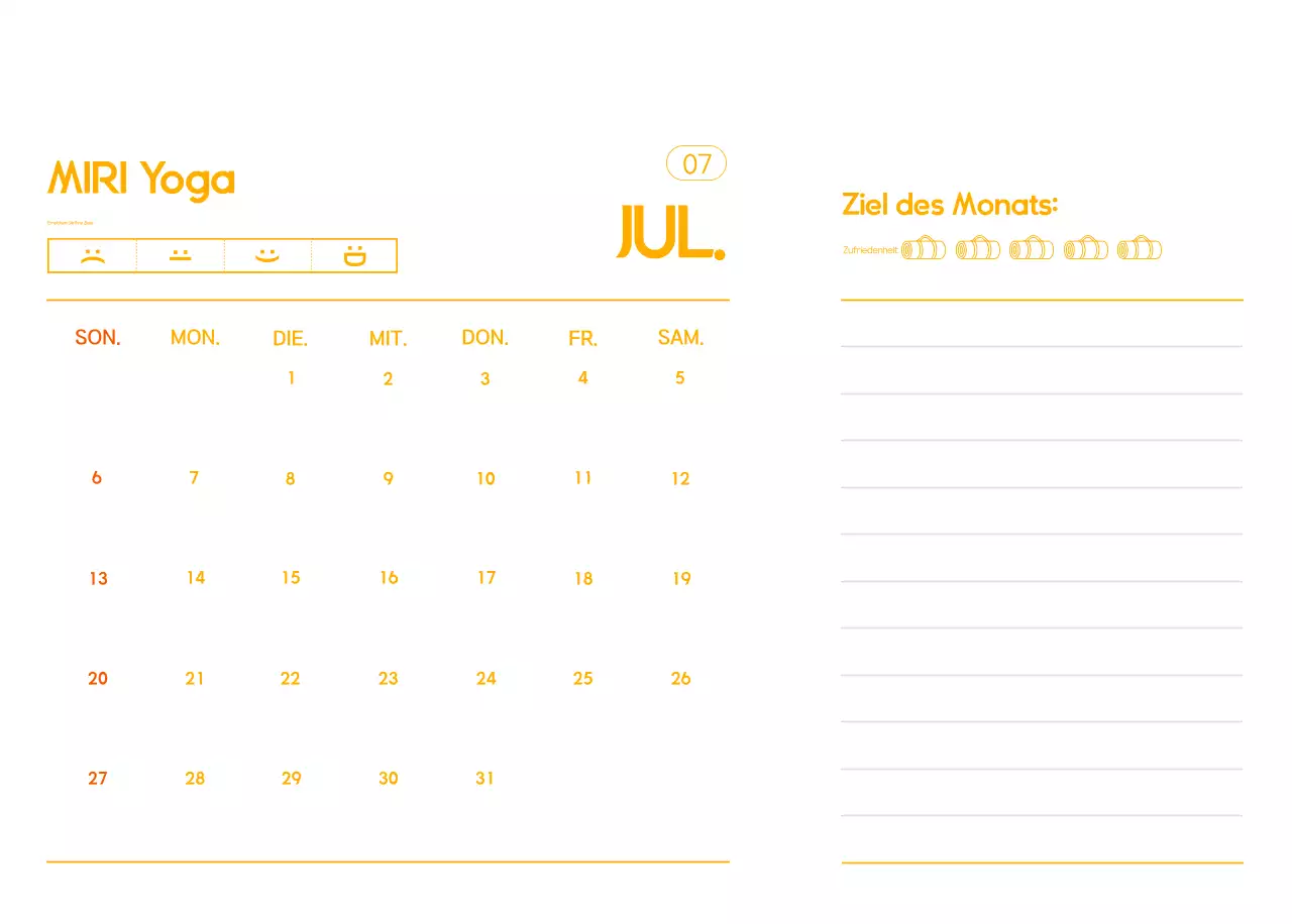 Orange Minimalistischer Yoga-Aktionskalender