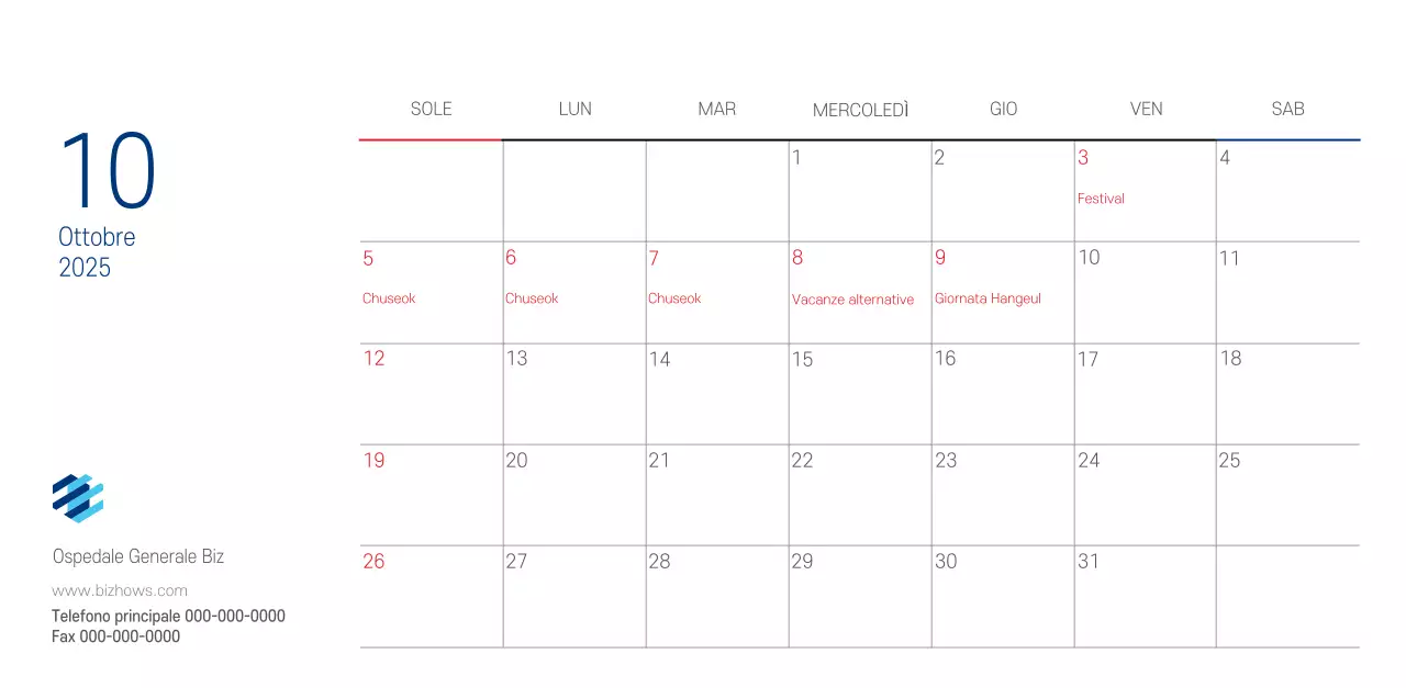 Calendario promozionale dell'ospedale semplice, bianco e blu