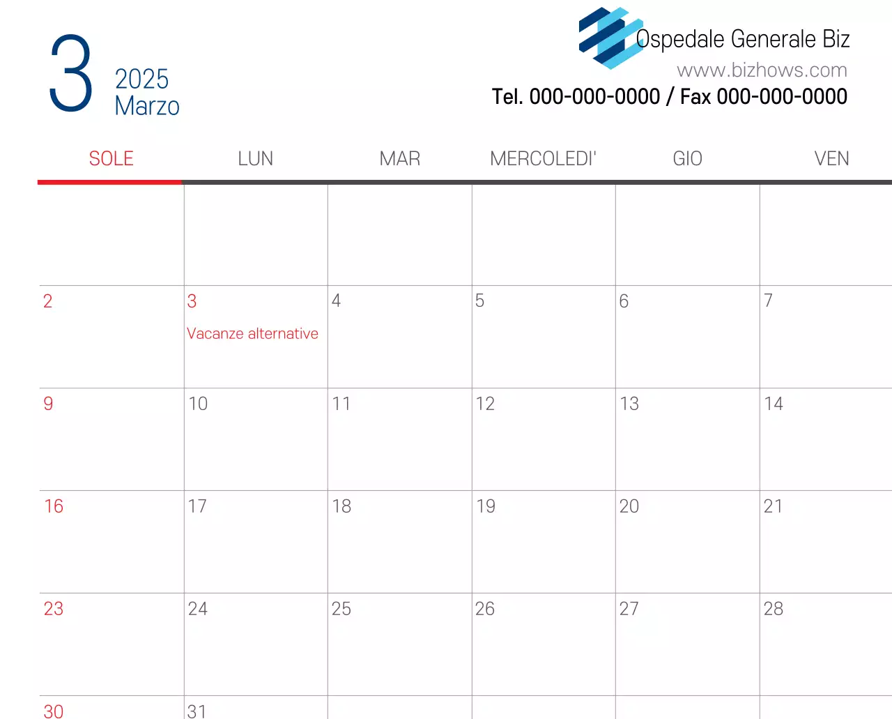 Calendario promozionale dell'ospedale semplice, bianco e blu
