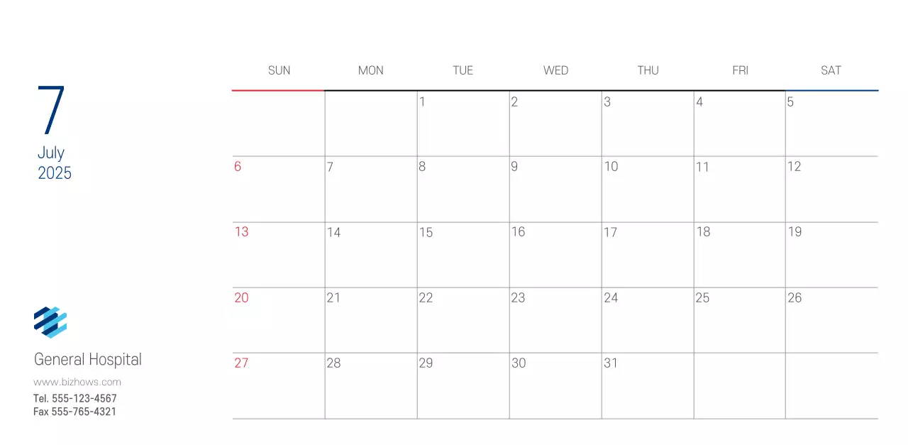 Navy White Simple Hospital Promotional Calendar