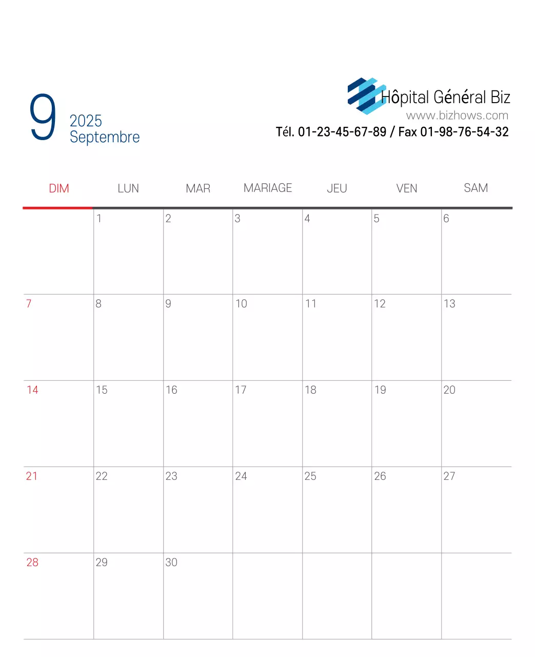 Calendrier promotionnel d'hôpital simple blanc marine