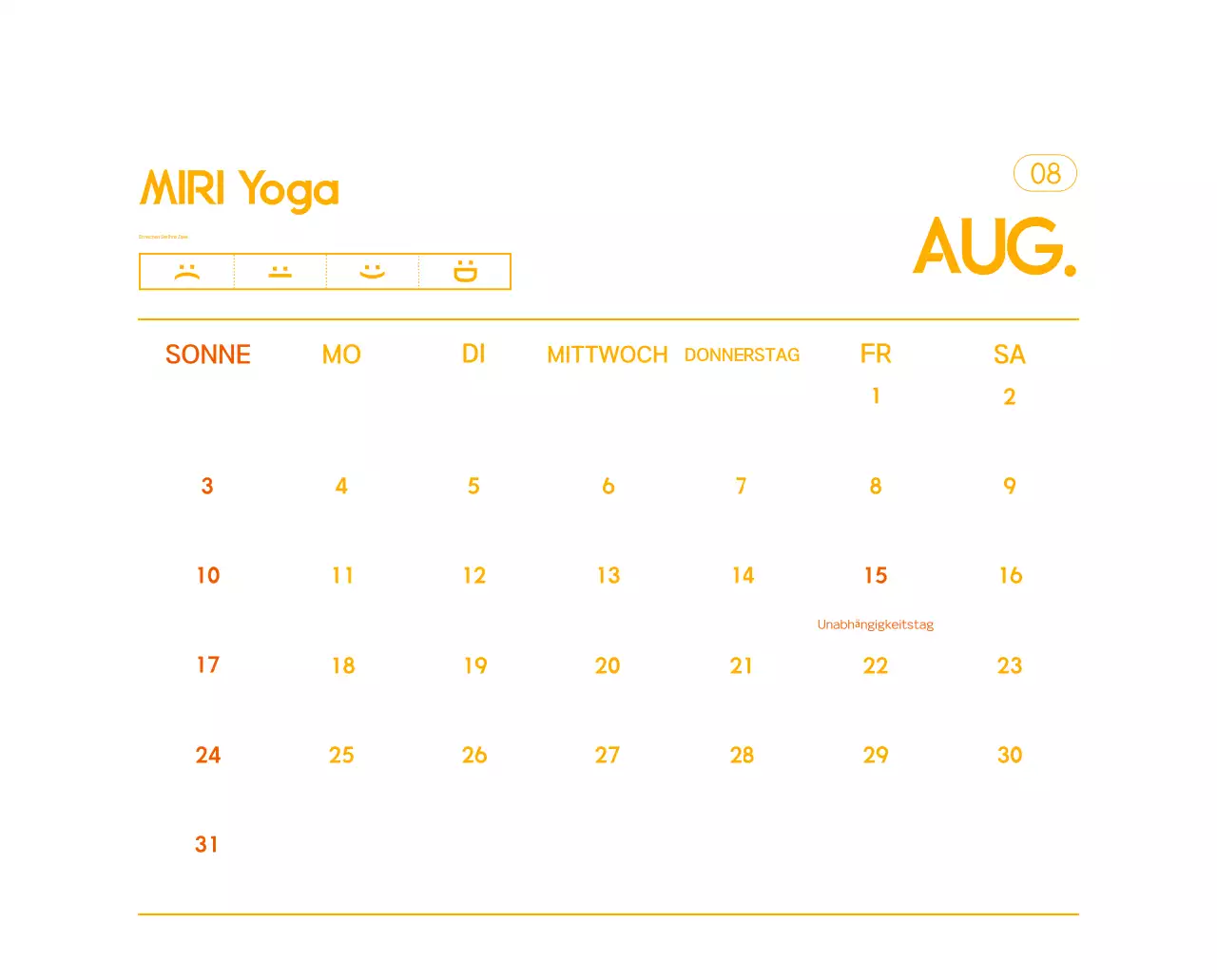 Orange Minimalistischer Yoga-Aktionskalender