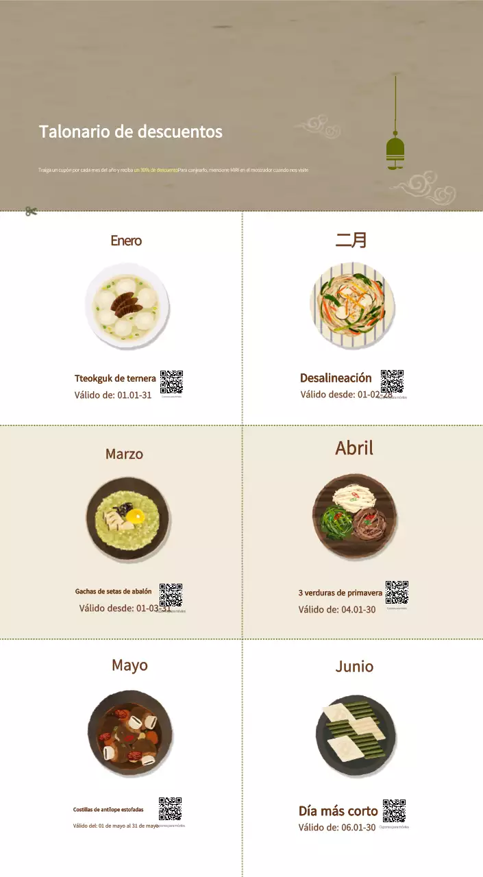 Calendario de comidas tradicionales en beige