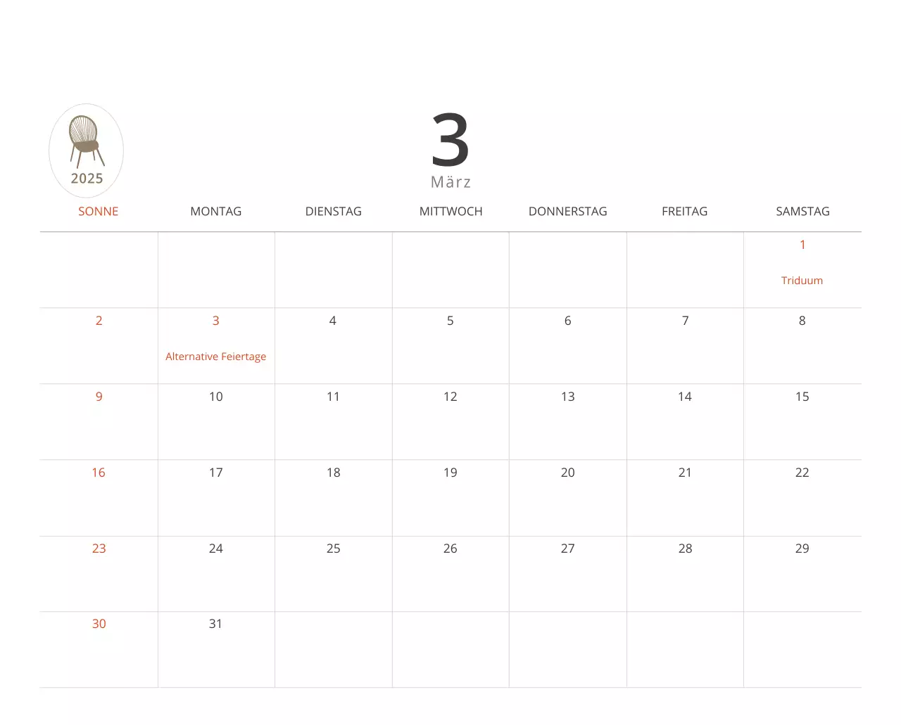 Beigefarbener minimalistischer Innenkalender