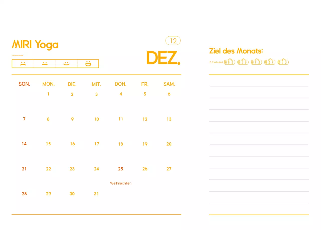 Orange Minimalistischer Yoga-Aktionskalender