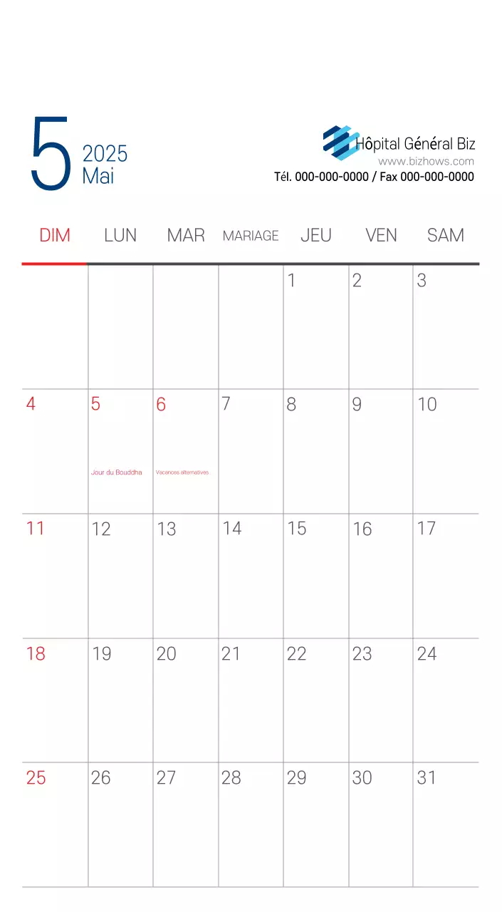 Calendrier promotionnel d'hôpital simple blanc marine