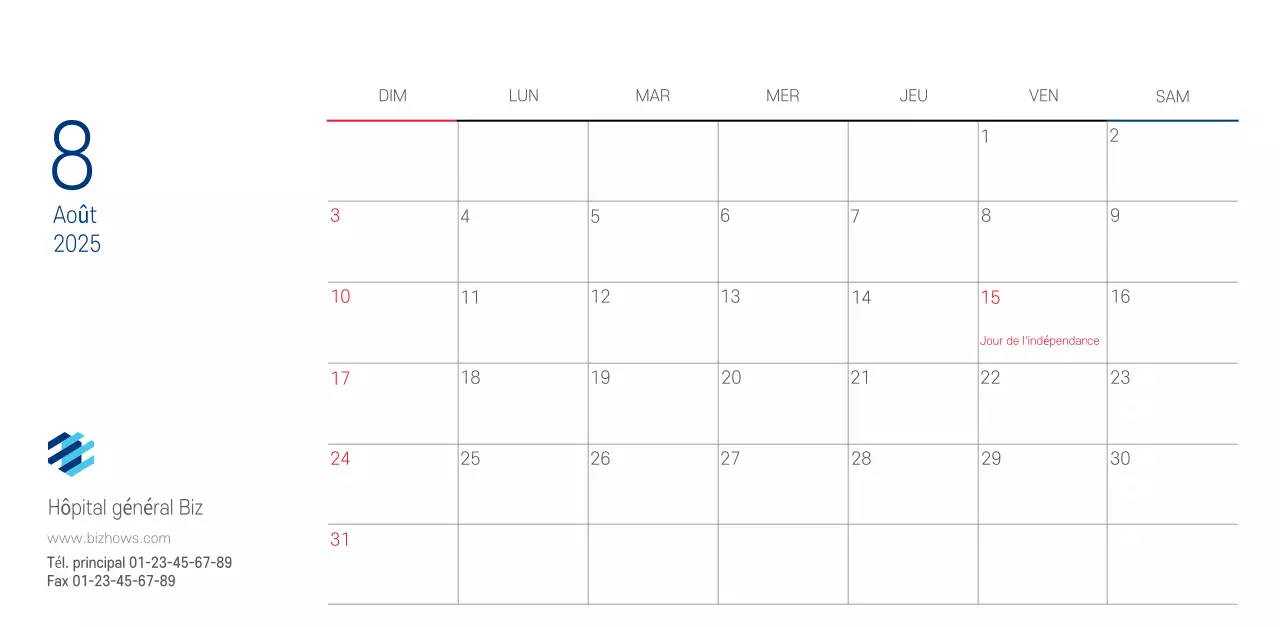 Calendrier promotionnel d'hôpital simple blanc marine