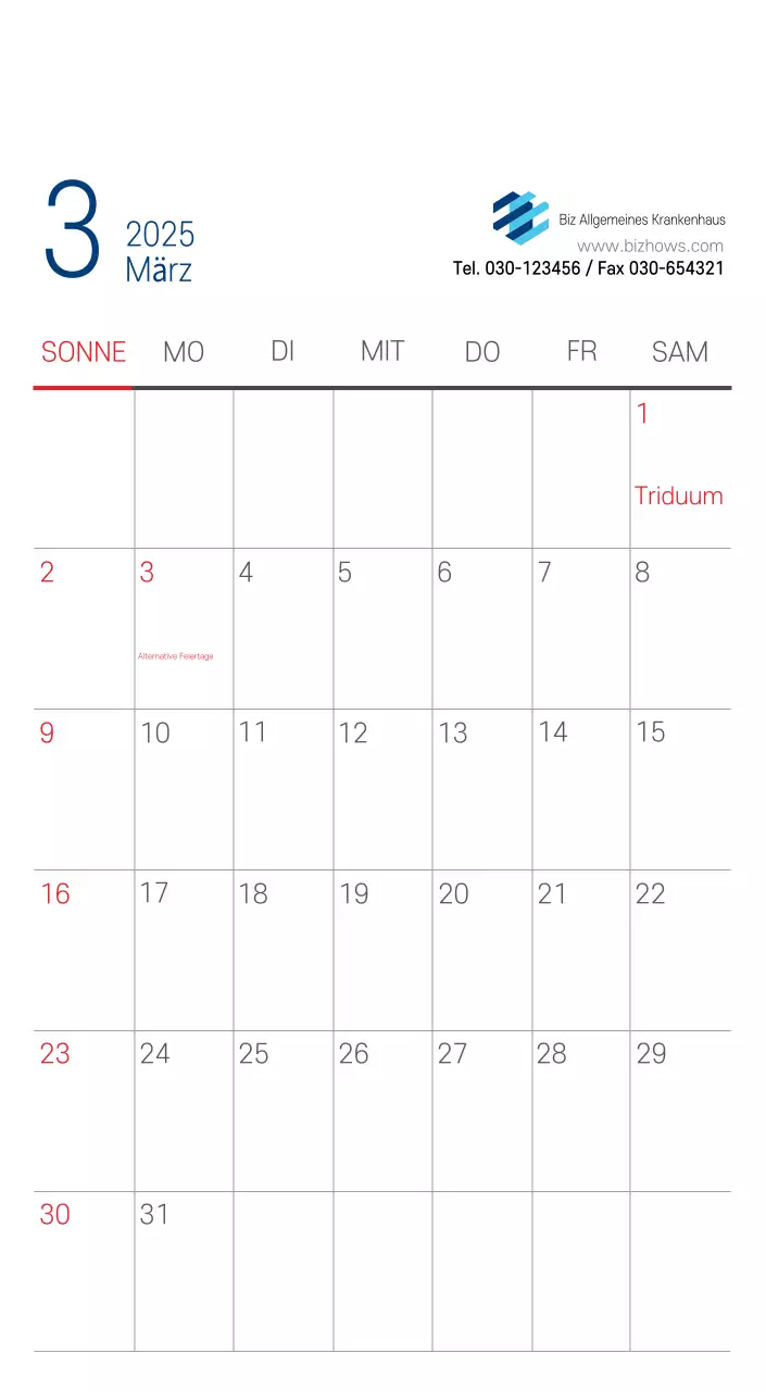 Marineblauer einfacher Krankenhaus-Werbekalender