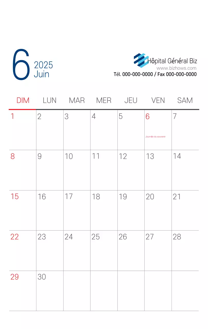Calendrier promotionnel d'hôpital simple blanc marine