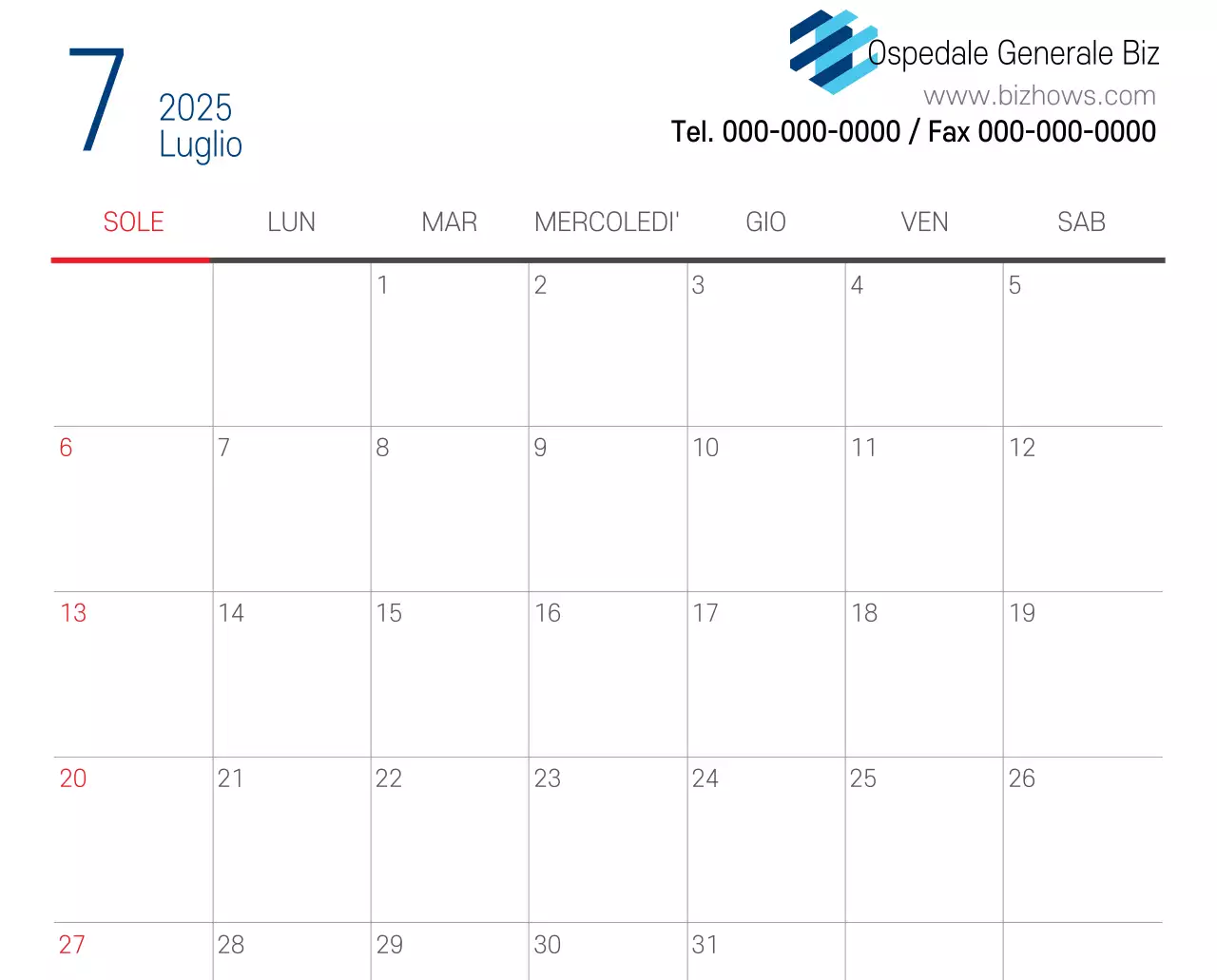 Calendario promozionale dell'ospedale semplice, bianco e blu