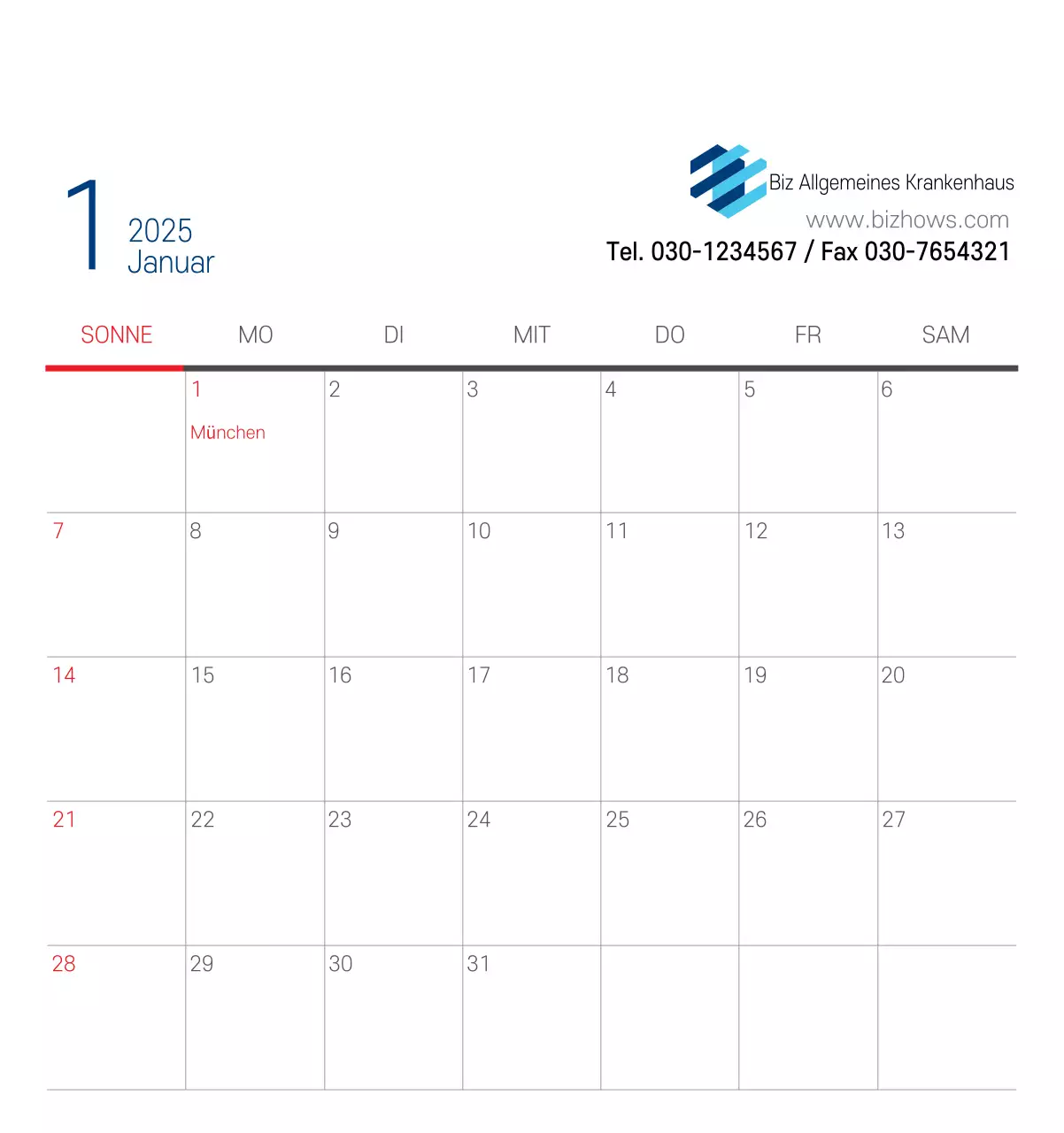 Marineblauer einfacher Krankenhaus-Werbekalender