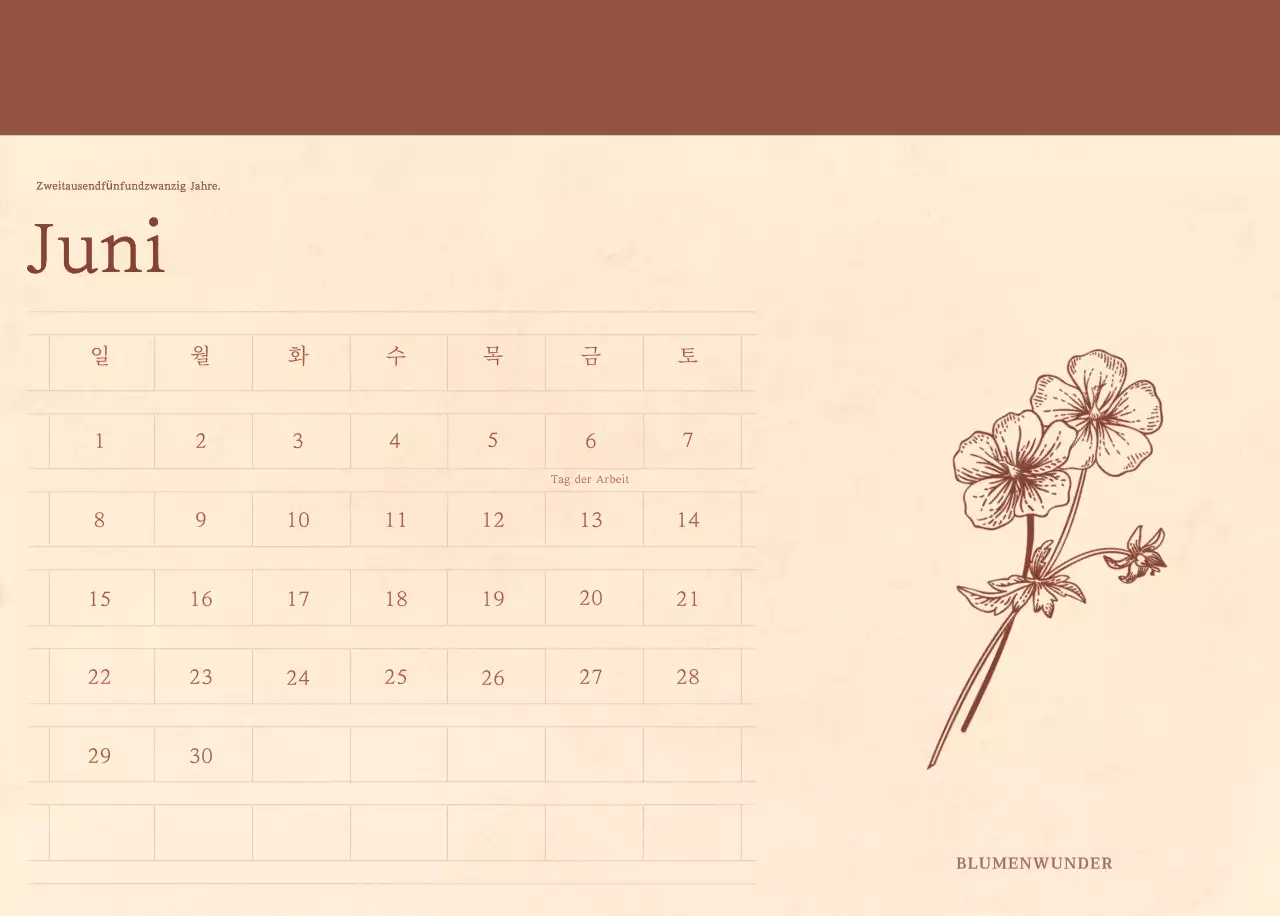Ein sentimentaler Blumenkalender in hellbraunem und braunem Velinpapierkonzept